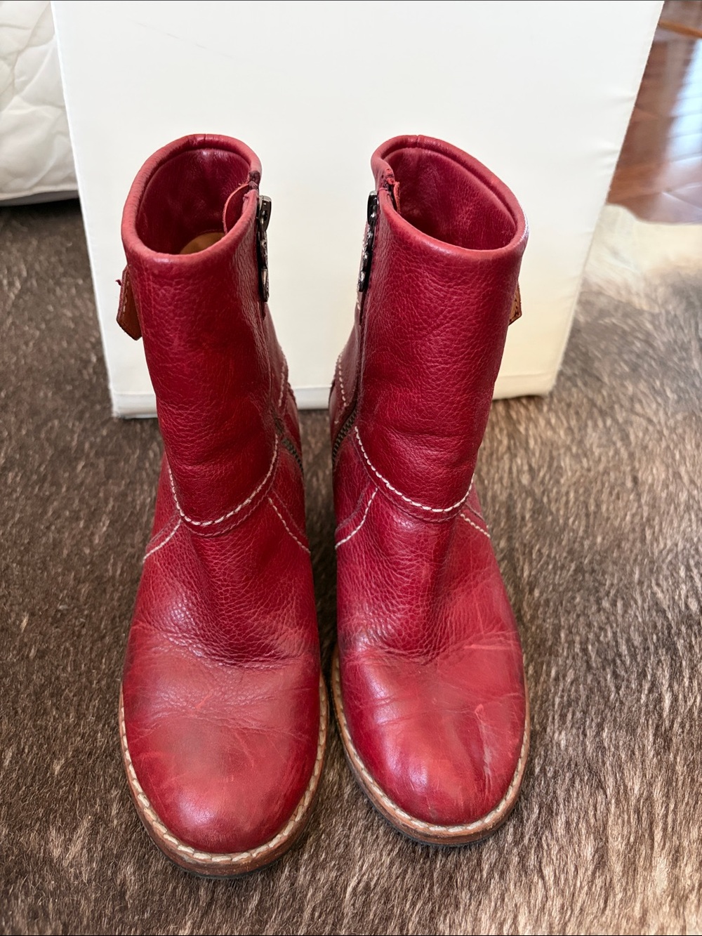 Modern Vintage Red Leather Ankle Boots with Side Zip